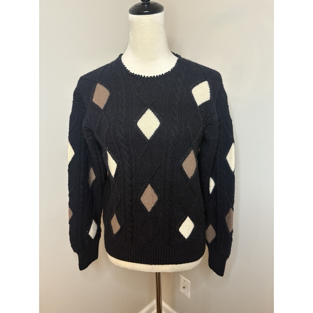 VTG Burberry's Sweater Black Tan Ivory Diamond Cable Knit 100% Wool Medium EUC